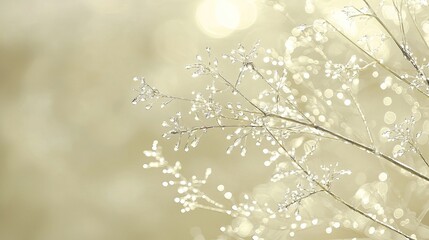 Delicate frost clings to branches in a serene winter landscape with shimmering bokeh effects