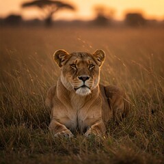 Obraz premium lioness resting in the african savanna grass at sunset