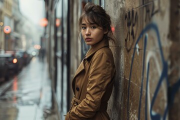 Stylish young asian woman wearing a brown trench coat leaning against a graffiti wall in paris on a rainy day
