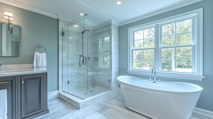 Modern bathroom interior with walk-in shower and freestanding tub in light tones and natural light