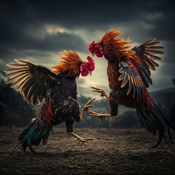roosters fighting, dramatic background