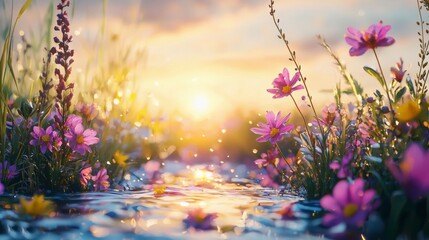 Obraz premium Beautiful sunset over a lush field filled with colorful flowers and sparkling water
