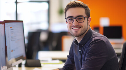 Digital Marketing Manager Overseeing Online Strategy, White Male Professional Analyzing Data in Modern Office Environment