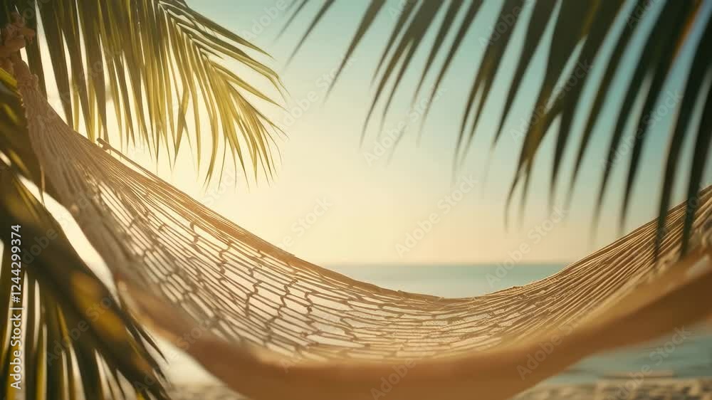 Poster Palm trees swaying gently in the breeze frame an empty hammock on a tropical beach at sunset, offering a peaceful and relaxing slow motion view of paradise