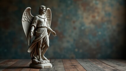 A saint michael statue with detailed wings and a flowing robe stands on a wooden surface.