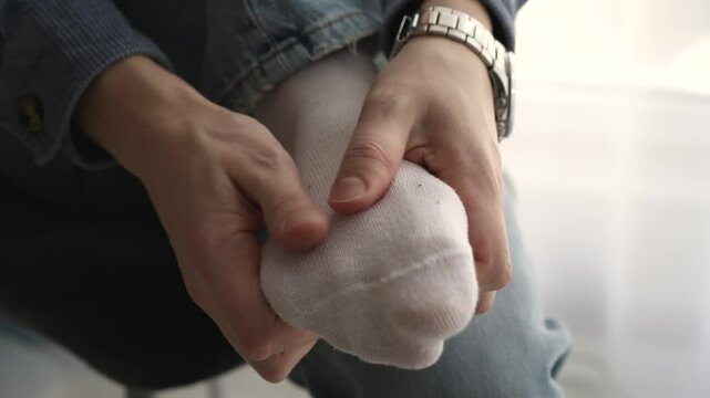 A man massages his leg.
A man in socks.
White socks on the feet of a young guy.
A man stretches his feet.
Foot, leg, massage, heel