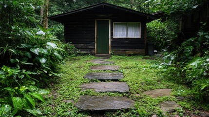 Naklejka premium Rustic cabin, rainforest path, lush greenery, tranquil scene, nature retreat