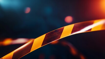 Abstract close-up of caution tape against a blurred colorful background, evoking safety and alertness