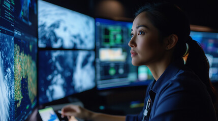 Asian Meteorologist Analyzing Storm Patterns on Weather Map in Professional Studio Setting