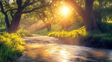 Obraz premium A tranquil river flowing through a forest of ancient oak trees with sunlight filtering through the leaves