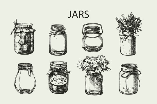 Rustic, mason and canning jars hand drawn set. Sketch design elements. Vector illustrations