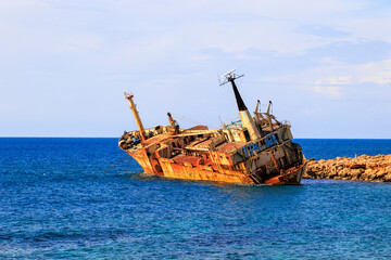 Rusted Shipwreck Edro III Stranded on the Rocky Coast of Paphos, Cyprus