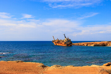 Rusted Shipwreck Edro III Stranded on the Rocky Coast of Paphos, Cyprus