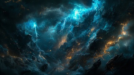 Obraz premium Stormy cosmic landscape with vibrant colors and dramatic lightning in a dark universe scene