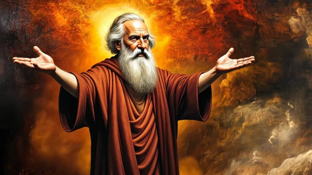 Majestic elder in fiery robes enacts powerful gesture amidst dramatic clouds