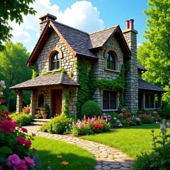 Stone house, vibrant flowers blooming in garden , peaceful, nature