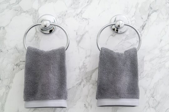 Bathroom Twin Towel Rings and Grey Towels on Marble - Modern bathroom interior, twin chrome towel rings, grey hand towels, marble wall, clean design.  Luxury, cleanliness, comfort, style, relaxation.