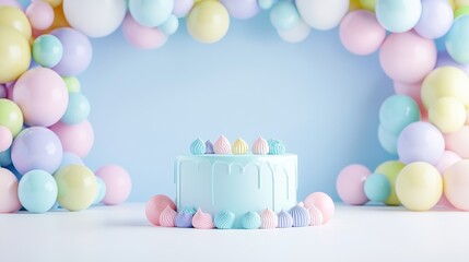 Pastel birthday cake, balloon arch, light blue background; party invitation