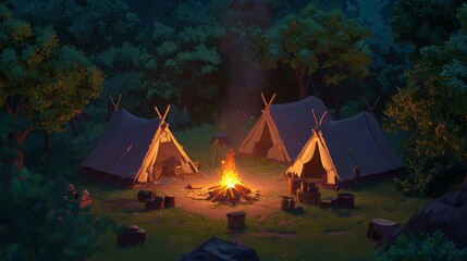 Campfire gathering at night near tents in a wooded area with glowing flames and relaxed campers