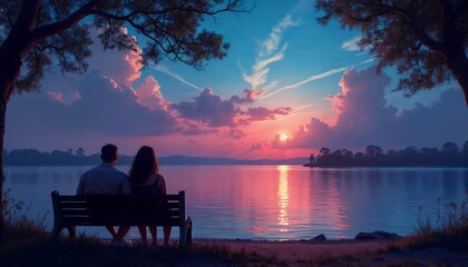 Obraz premium Silhouetted Couple on Bench, Romantic Sunset Landscape