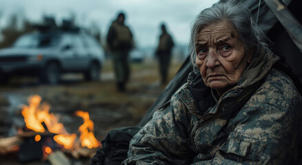 Fototapeta premium An elderly woman sits by a campfire wearing camouflaged clothing, observing soldiers in the background during a chilly evening