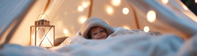 In a cozy tent glow, a child peeks out from a sleeping bag, surrounded by warm lantern light and a star-studded night sky. The atmosphere is peaceful and magical