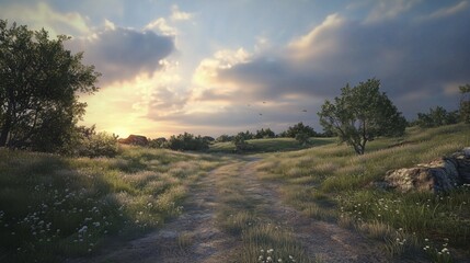 Obraz premium Serene countryside landscape with a winding dirt path lush green fields and trees under a partly cloudy sky