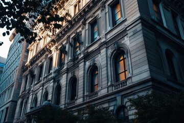 Fototapeta premium Grand urban building at sunset, illuminated windows.
