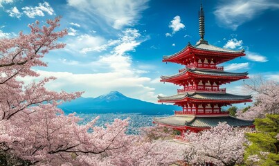 Obraz premium Pagoda with cherry blossoms and Mount Fuji in background.