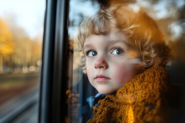 A child with curly hair watches the world from a train window, their reflection blending with the blurred landscape. Trees and fields fly by as the train travels through vibrant autumn colors
