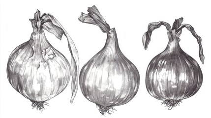 Three Exquisitely Drawn Onions: A Detailed Botanical Illustration