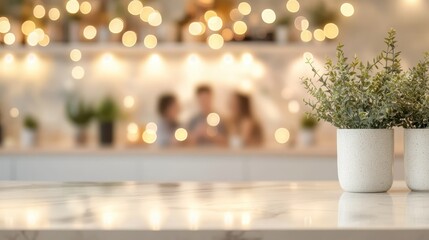 Minimalist kitchen with potted plant on sleek countertop, blurred background enhancing clean modern aesthetics