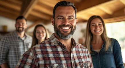 Obraz premium Friends gather in a cabin, smiling and posing together, enjoying a fun and warm moment filled with laughter and camaraderie
