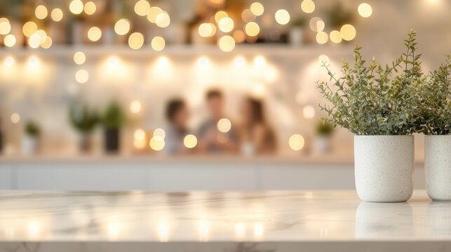 Minimalist kitchen with potted plant on sleek countertop, blurred background enhancing clean modern aesthetics