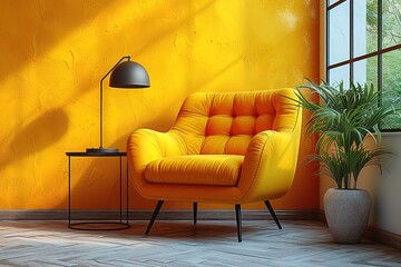 Tufted armchair and coffee table with lamp near yellow wall Interior design of modern living room
