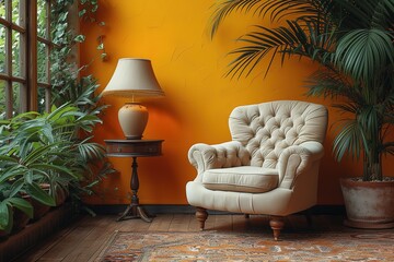 Tufted armchair and coffee table with lamp near yellow wall Interior design of modern living room