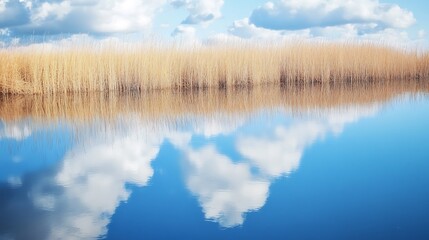 Fototapeta premium A tranquil riverbank with tall grasses, calm water, and the reflection of the clouds on the surface 