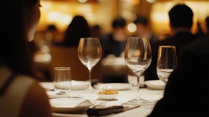 Obraz premium Luxury dining table setup with crystal-clear wine glasses and elegant warm decor in fine dining