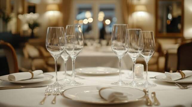 Fine dining restaurant table setup with polished crystal-clear wine glasses and warm lighting