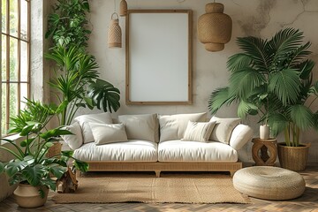 Warm and Cozy Composition of spring living room interior with mock-up poster frame wooden sideboard white sofa green stand base with leaves plants and stylish lamp Home Decor
