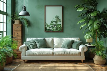 Warm and Cozy Composition of spring living room interior with mock-up poster frame wooden sideboard white sofa green stand base with leaves plants and stylish lamp Home Decor