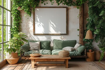 Warm and Cozy Composition of spring living room interior with mock-up poster frame wooden sideboard white sofa green stand base with leaves