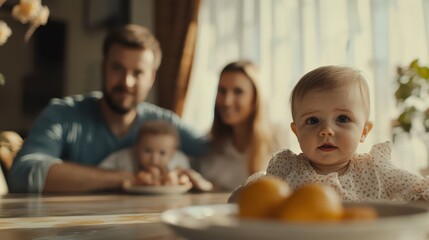 Parents with a baby sitting at a wooden table, enjoying family time in a softly lit atmosphere