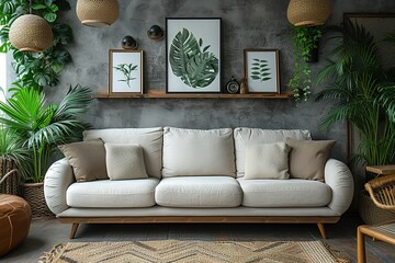 White sofa and posters frames on gray wall Interior design of modern living room