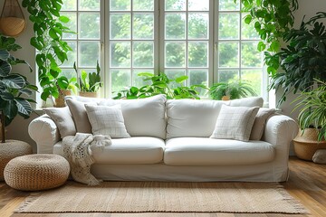 White sofa with plaid and cushions on knitted rug against of grid window between green houseplants Scandinavian hygge interior design of modern living room Created with