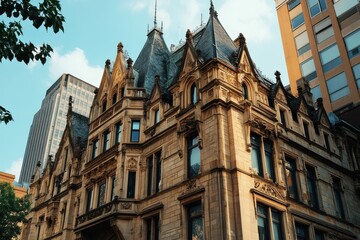 Fototapeta premium Grand old building, ornate details, golden hour light.