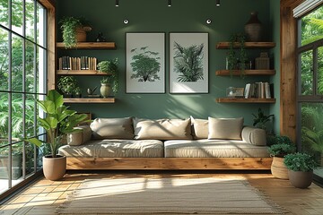 Wooden and green living room interior with shelves and poster