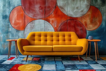 Yellow loveseat sofa and side tables against of colorful circle patterned wall Mid century interior design of modern living room Created with