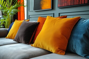 Yellow orange black and brown pillows on comfortable grey scandinavian sofa in bright living room interior with abstract paintings on the wall