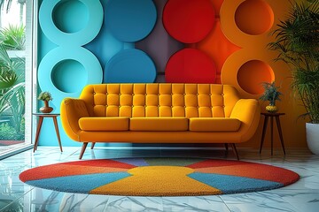 Yellow loveseat sofa and side tables against of colorful circle patterned wall Mid century interior design of modern living room Created with